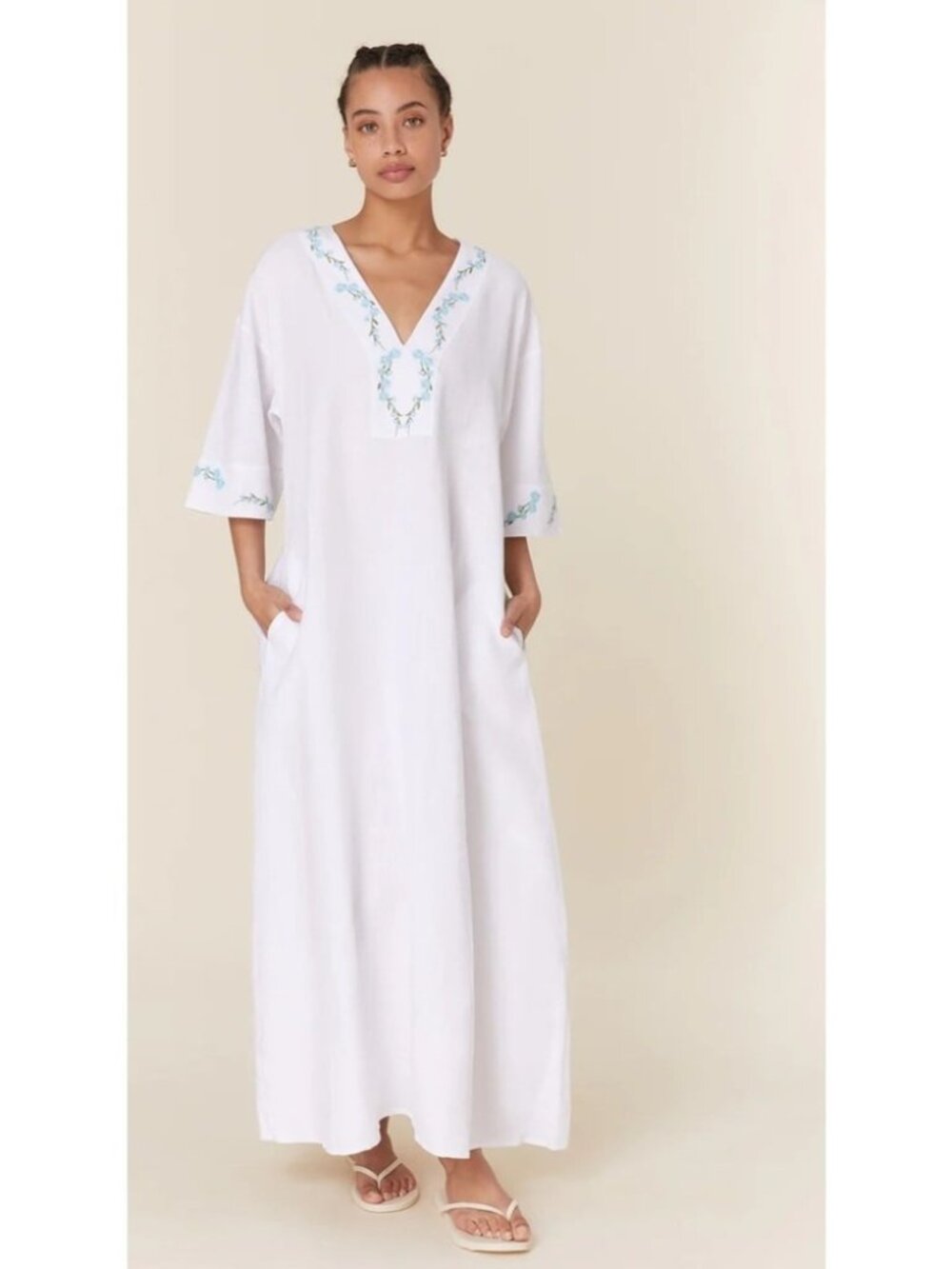 Fanm Mon x Andie Kepez Linen Maxi Kaftan Embroidered Floral Dress